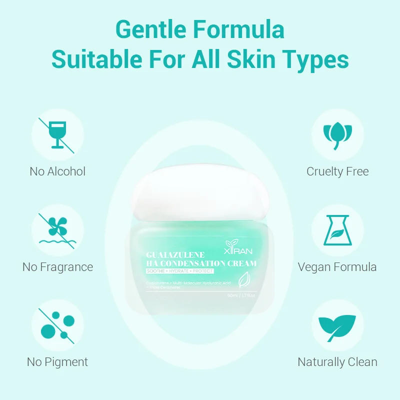 Green hued guaiazulene HA condensation cream with benefits displayed including cruelty-free, vegan, no alcohol, fragrance-free, and clean formula.